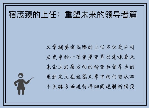 宿茂臻的上任：重塑未来的领导者篇