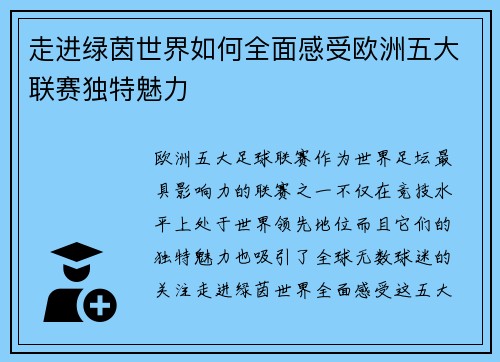 走进绿茵世界如何全面感受欧洲五大联赛独特魅力